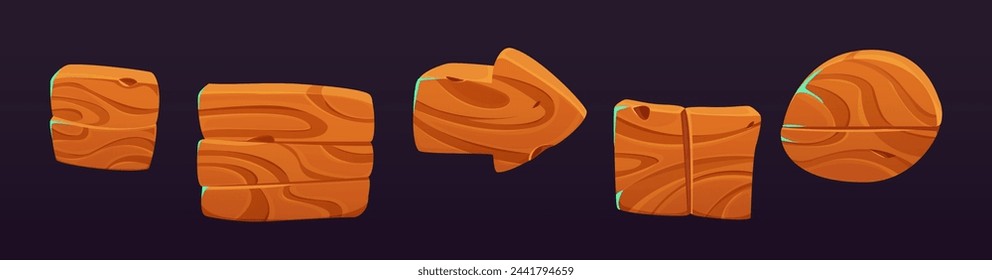 Wooden signboard for game ui design. Cartoon vector illustration set of blank plates and arrow with wood texture and space for text. Empty plank banner for message sign. timber frame and badge.