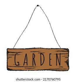 Wooden signboard garden. Vector illustration of a board with the inscription garden.