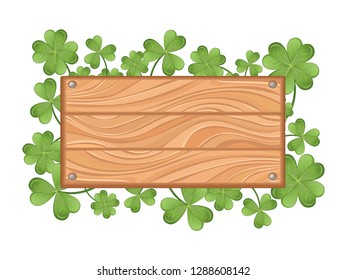 Wooden signboard with green clover isolated on white background. St.Patrick 's Day