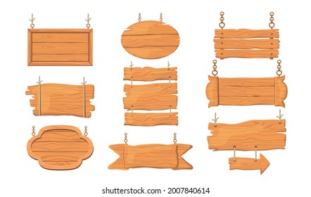 Wooden signboard or hanging signboard with chain and rope. Blank or empty, clear isolated wooden planks or signboards. set of wooden signboard or collection of wooden sign. Flat vector illustration.