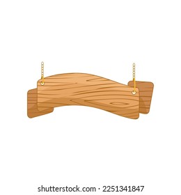 Wooden signboard hanging on chain cartoon illustration. Blank decorative banner for advertising, information, sale, cafe and restaurant names on rope. Guidepost concept
