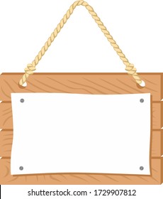 Wooden signboard hanging on rope with white blank sheet of paper. Announcement board with paper placard. Empty place for text. Vector simple flat illustration.