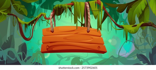 Wooden signboard hanging on ropes in tropical jungle environment. Brown planks among wild vegetation, lush leaves, vines and moss. Empty banner frame surrounded by forest foliage for game interface.