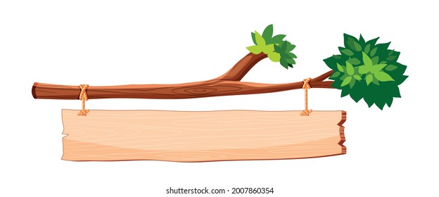 Wooden signboard hanging on tree branch. Wooden signboard or hanging signboard with rope. Blank or empty, clear isolated wooden planks or signboards. Flat vector illustration.