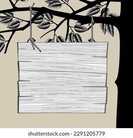 Wooden signboard hanging on a tree branch with leaves. Vintage color engraving stylized drawing. Vector illustration