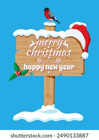 Wooden signboard isolated on blue with bullfinch bird, holly and santa claus hat. Happy new year decoration. Merry christmas holiday. New year and xmas celebration. Vector illustration flat style