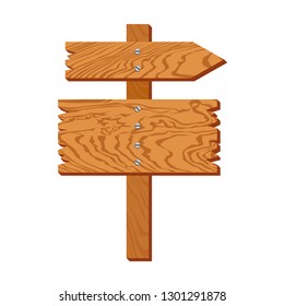 Wooden signboard isolated on white background. Vector illustration of road direction, signposts, arrow from old oak planks in cartoon flat style. 