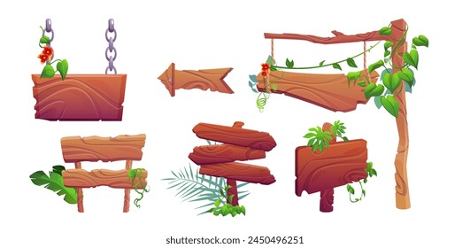 Wooden signboard with jungle plants. Cartoon vector illustration set of game ui design frame and text boxes with green leaves, liana vines and tropical flowers. Signage banner with wood texture.