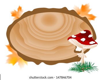 Wooden signboard, leaves and red mushrooms