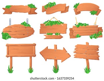 Wooden signboard with leaves. Tropical leafs on wood board, green label sign and jungle forest pointer boards vector set. Collection of signposts, guideposts and hanging banners overgrown with plants.