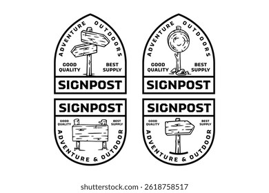 wooden signboard logo design collection for adventure and outdoor. signposts, directions sign emblem logo set. outdoor directional sign badge logo illustration bundle