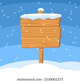 Wooden signboard lying in a snowbank. Simple winter designs or outdoor themes.Backdrop for messages. Christmas vector illustration.