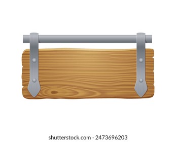 Holzschild mit Metallplatten. 3D alte Schildertafel aus Braunholz mit Stahlnägeln und Elementen. Retro hängende Holzbohle für Bar oder Salon isoliert auf weißem Hintergrund, Vektorillustration