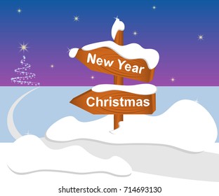 Wooden signboard on Christmas and New Year, winter landscape