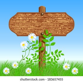 Wooden signboard on the meadow with flowers