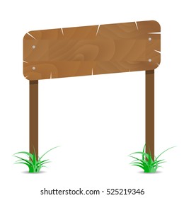 Wooden signboard on post with grass. Wood board for announcement, vector illustration