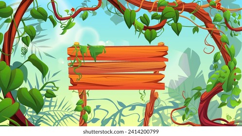 Wooden signboard on rainforest background. Vector cartoon illustration of blank rustic board on stick decorated with green vines, tropical liana arch with foliage, game design elements, sunny blue sky