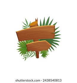 Wooden signboard on road with plaque for text, arrow and green leaves decoration vector illustration