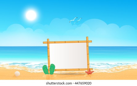 Wooden signboard on tropical beach. Vector illustration.