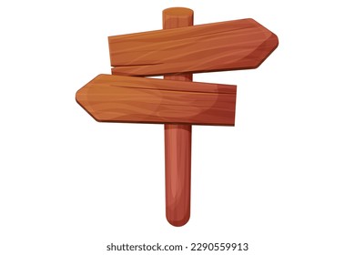 Wooden signboard, plank, frame on stick textured in cartoon style isolated on white background. Game asset, button or ui menu.
