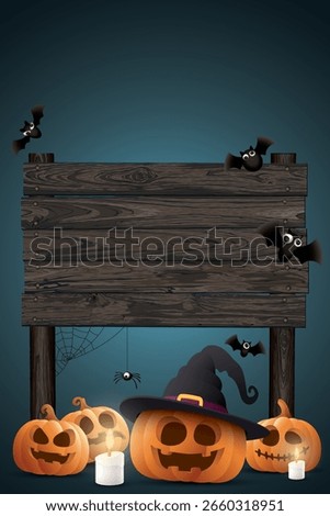 Wooden signboard posts with 3D pumpkin Jack-O'-Lantern, bat candle, and spider Halloween night vertical background graphic illustration have blank space.