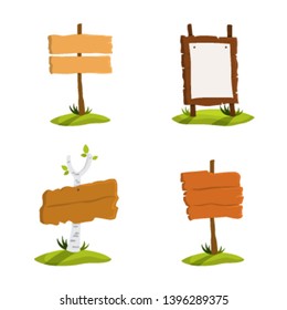 Wooden signboard set. Collection of various sign made of wood. Blank billboard, empty space for message. Isolated flat vector illustration