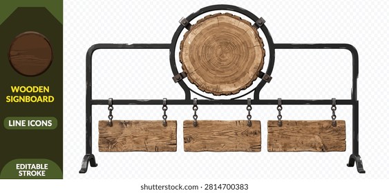 Wooden signboard set with hanging rectangular boards and round log sign on a decorative metal frame stand