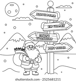 Wooden Signboard with Snow and Santa Claus Outline Coloring Page. Christmas and Winter Illustration 