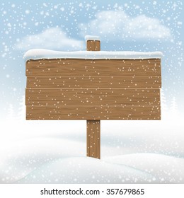 Wooden signboard in snowbank. Backdrop for messages. Vector Illustration.