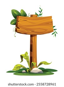 Wooden signboard surrounded by tropical greenery. Vector cartoon illustration