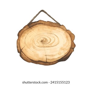 Cartel de madera. Sección transversal del tronco del árbol. Tablero de textura de madera pintado a mano. Anillos de árbol. Diseño ecológico rústico para bodas, tarjetas, invitaciones. Estilo acuarela.