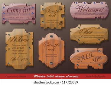 Wooden signboard, web elements set, banners and label