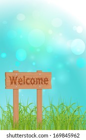 Wooden signboard "Welcom" on the green grass against the blue bokeh.