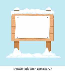 Wooden signboard with white blank sheet of paper in snow isolated on blue background. Vector winter illustration. Cartoon flat style.