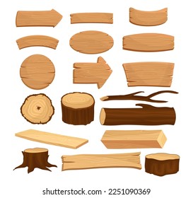 Wooden Signboard and Wood Material with Log, Tree Stump and Plank Big Vector Set