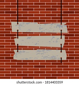 Wooden signboard for your text on the red brick wall background. Flat vector illustration. 
