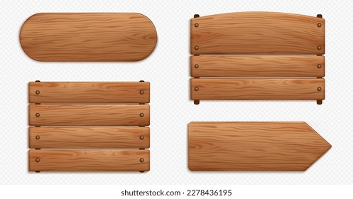 Wooden signboards, banners and arrow sign board from wood planks. Old vintage rustic pointers from timber panels isolated on transparent background, vector realistic set