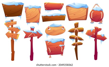 Wooden signboards covered by snow, planks and pointers on post at winter. Vector cartoon set of old wood panels, frozen timber boards and direction signs with icicles isolated on white background