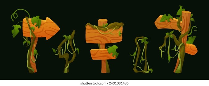 Wooden signboards with creeping liana vines and green leaves. Cartoon game ui assets vector set of wood signage board and arrow pointer with hanging jungle plant rope and tropical tree branches.