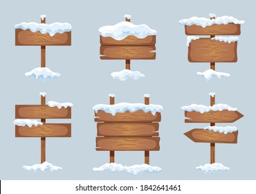 Wooden signboards direction sign board pointer with snow ice caps realistic winter images set vector illustration 
