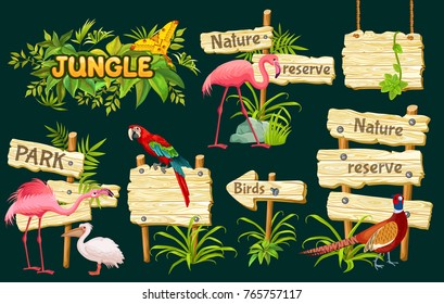 Wooden signboards, exotic birds and green leaves for covers, banners, applications, advertising. Vector illustration with space for text.