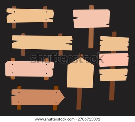Wooden signboards in flat vector style for decoration, labels, and signs. Perfect for DIY crafts, posters, stickers, maps, kids projects, and signage design.