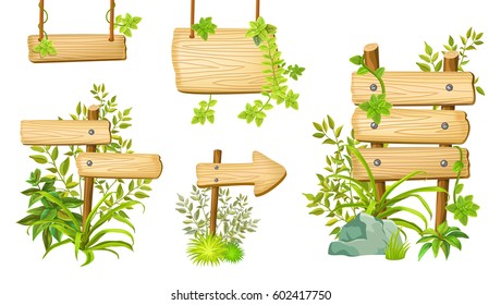 Wooden signboards and green leaves for covers, banners, applications.. Vector illustration with space for text.