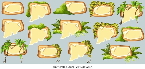 Wooden signboards with old paper, stems ivy, liana, grapes, vine, swamp moss, forest lichen. Set blank invitations, maps, jungle plants. 3d elements for messages, banners, notebooks, mobile games.