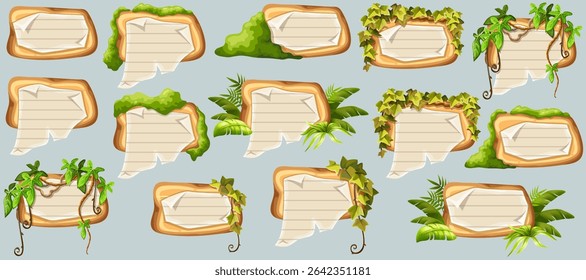 Wooden signboards with old paper, stems ivy, liana, grapes, vine, swamp moss, forest lichen. Set isolated wooden elements with blank, with school page in line, ragged graph paper. 
