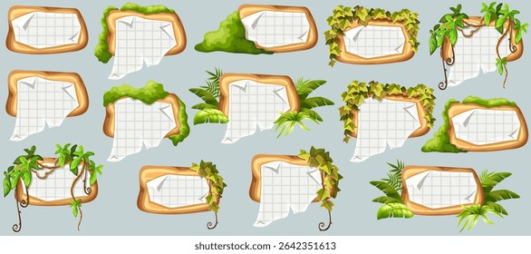 Wooden signboards with old paper, stems ivy, liana, grapes, vine, swamp moss, forest lichen. Set isolated wooden elements with blank, with ragged square graph paper, school math sheet. 