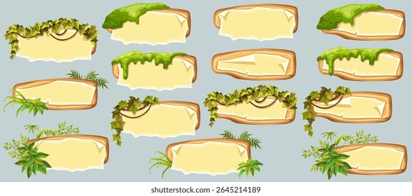 Wooden signboards with old paper, stems ivy, liana, grapes, vine, swamp moss, forest lichen. Set blank invitations, maps, jungle plants. 3d elements for messages, banners, notebooks, mobile games.