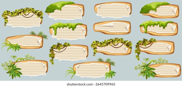 Wooden signboards with old paper, stems ivy, liana, grapes, vine, swamp moss, forest lichen. Set isolated wooden elements with blank, with school page in line, ragged graph paper. 