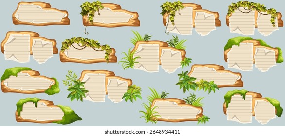 Wooden signboards with old paper, stems ivy, liana, grapes, vine, swamp moss, forest lichen. Set isolated wooden elements with blank, with school page in line, ragged graph paper. 