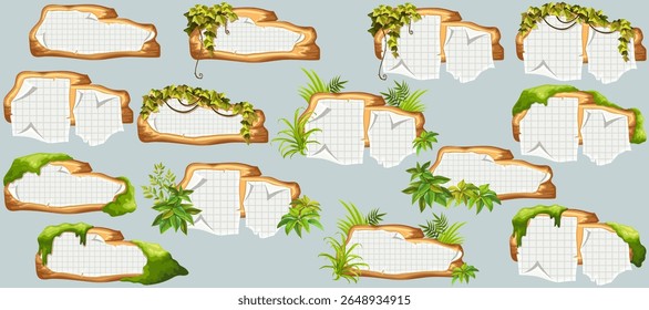 Wooden signboards with old paper, stems ivy, liana, grapes, vine, swamp moss, forest lichen. Set isolated wooden elements with blank, with ragged square graph paper, school math sheet. 